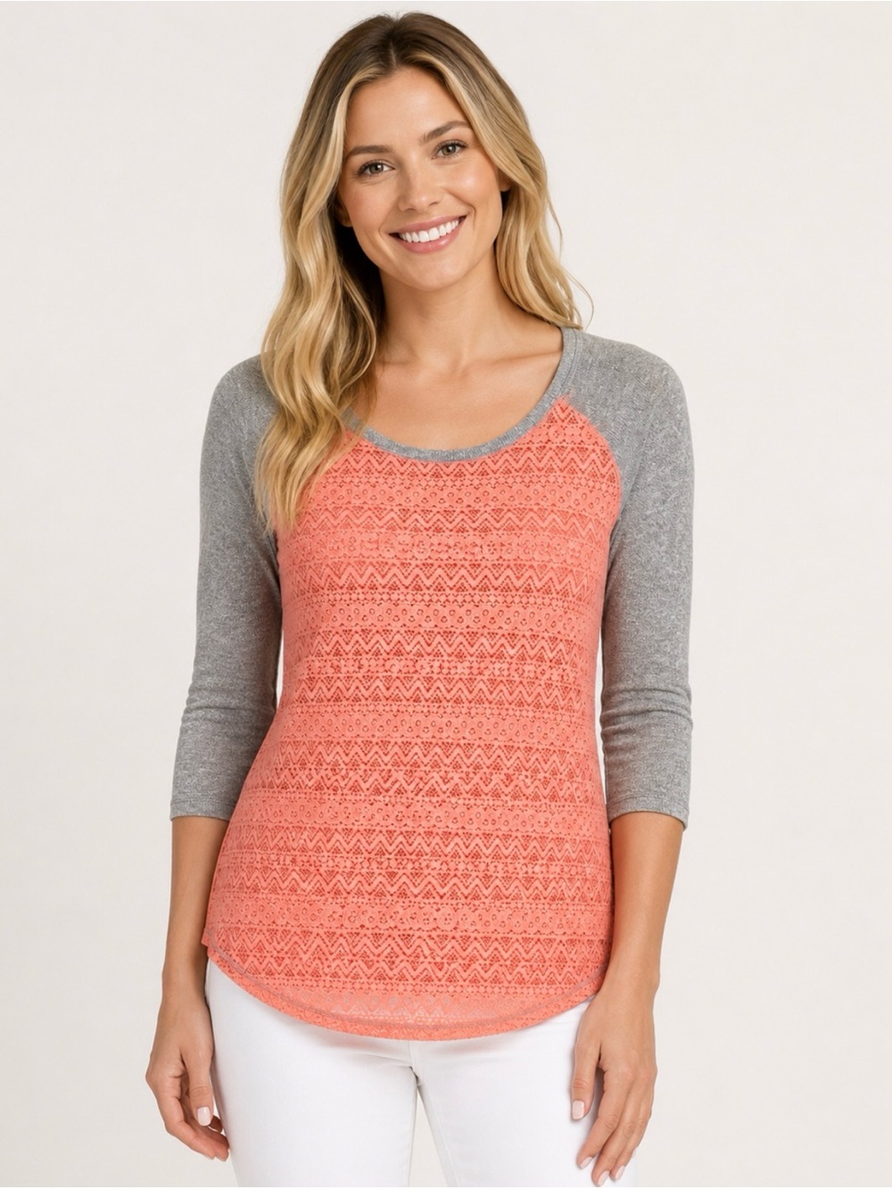 Maurices XL Coral Lace Raglan 3/4 Sleeve High Low Tunic Top Gray Side Slits